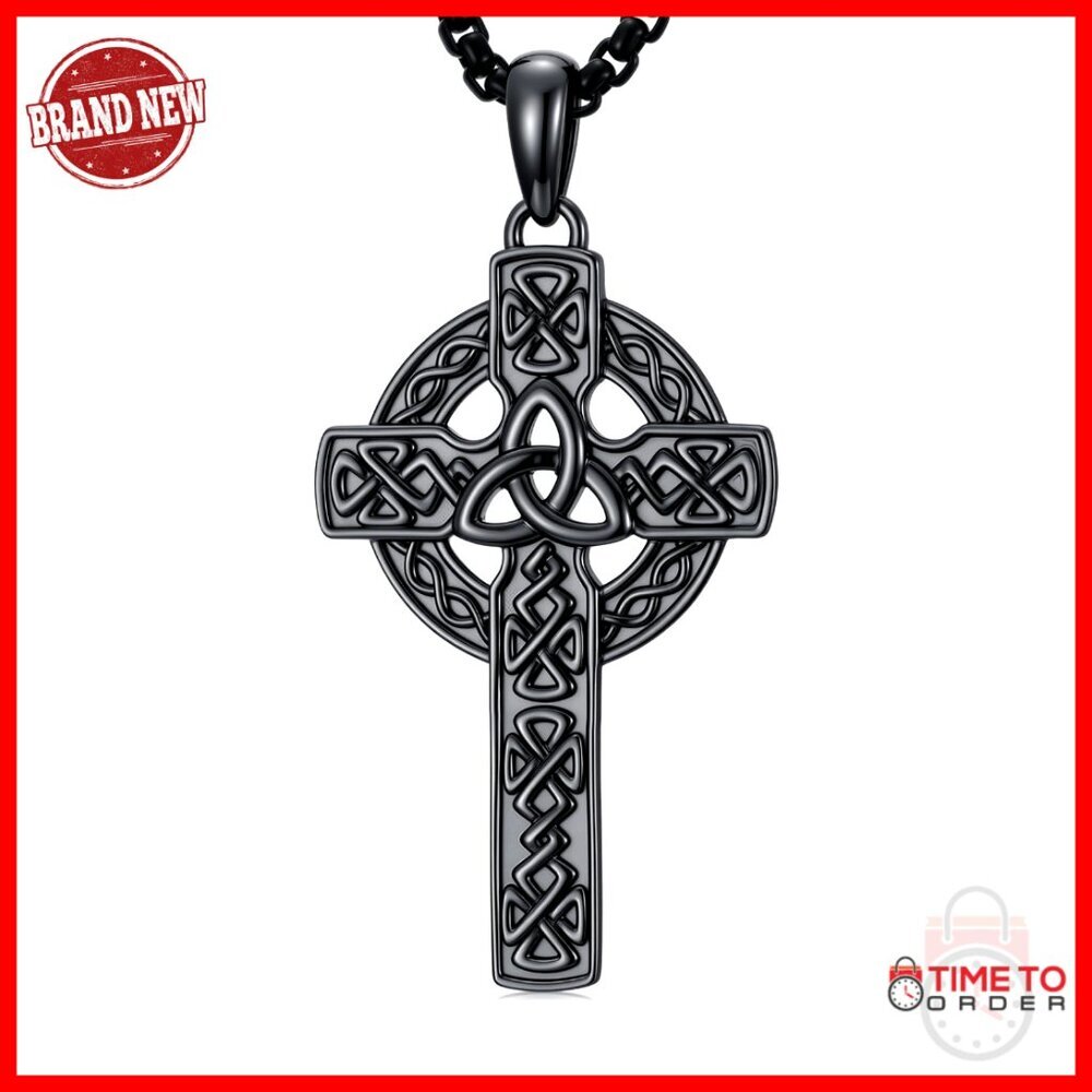 Sterling Silver Celtic Cross Pendant Necklace Adjustable Chain Mens Jewelry